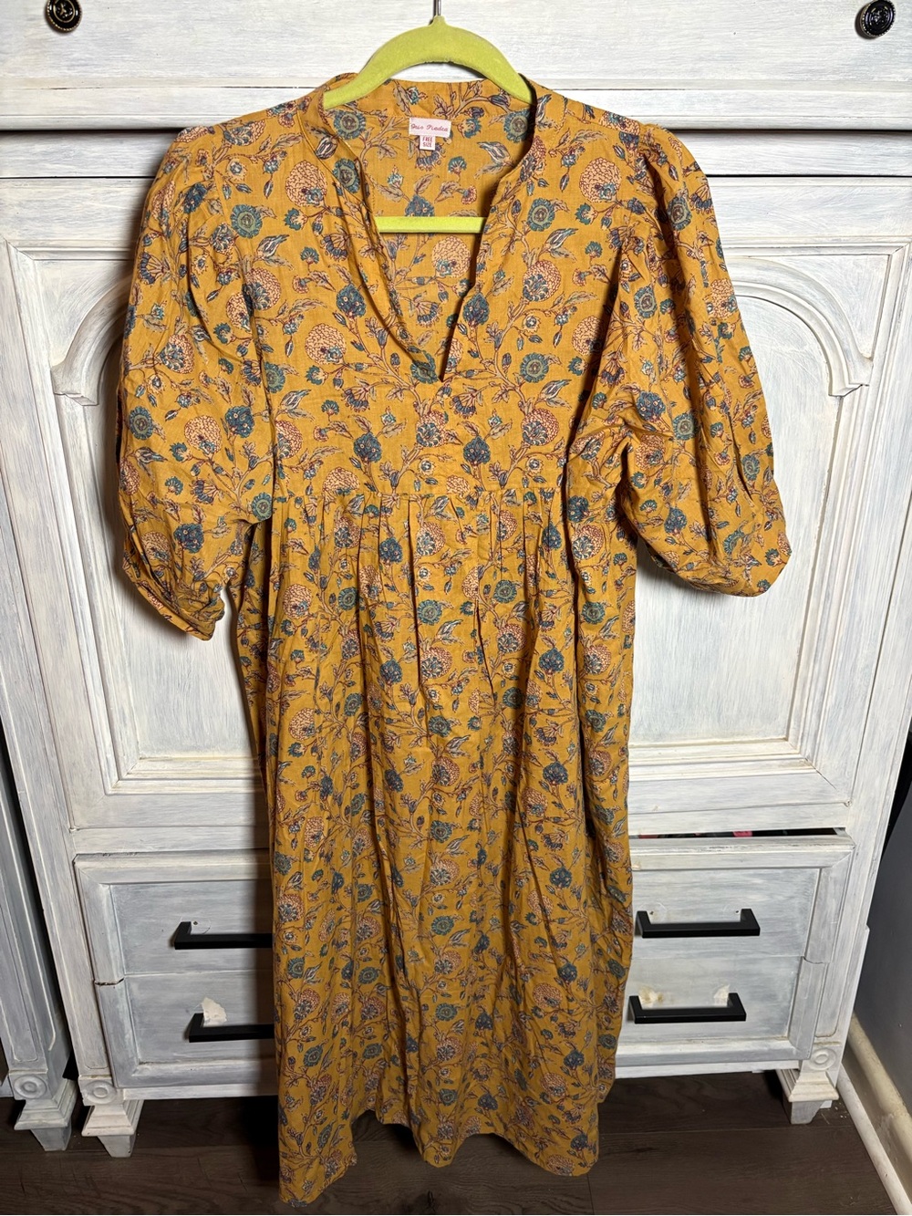 Golden Ochre Floral Block Print Empire Flowy Midi Dress European Effortless Boho - Picture 2 of 9
